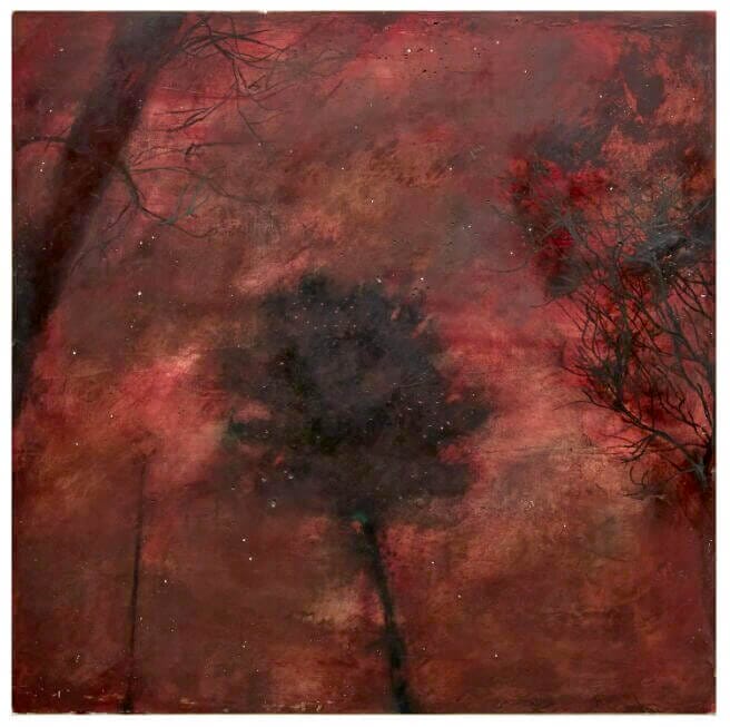 Katherine Bowling's "Red Sky" painting, showcasing abstract trees, available at Chelsea Art Group - New York City top trusted art advisers.